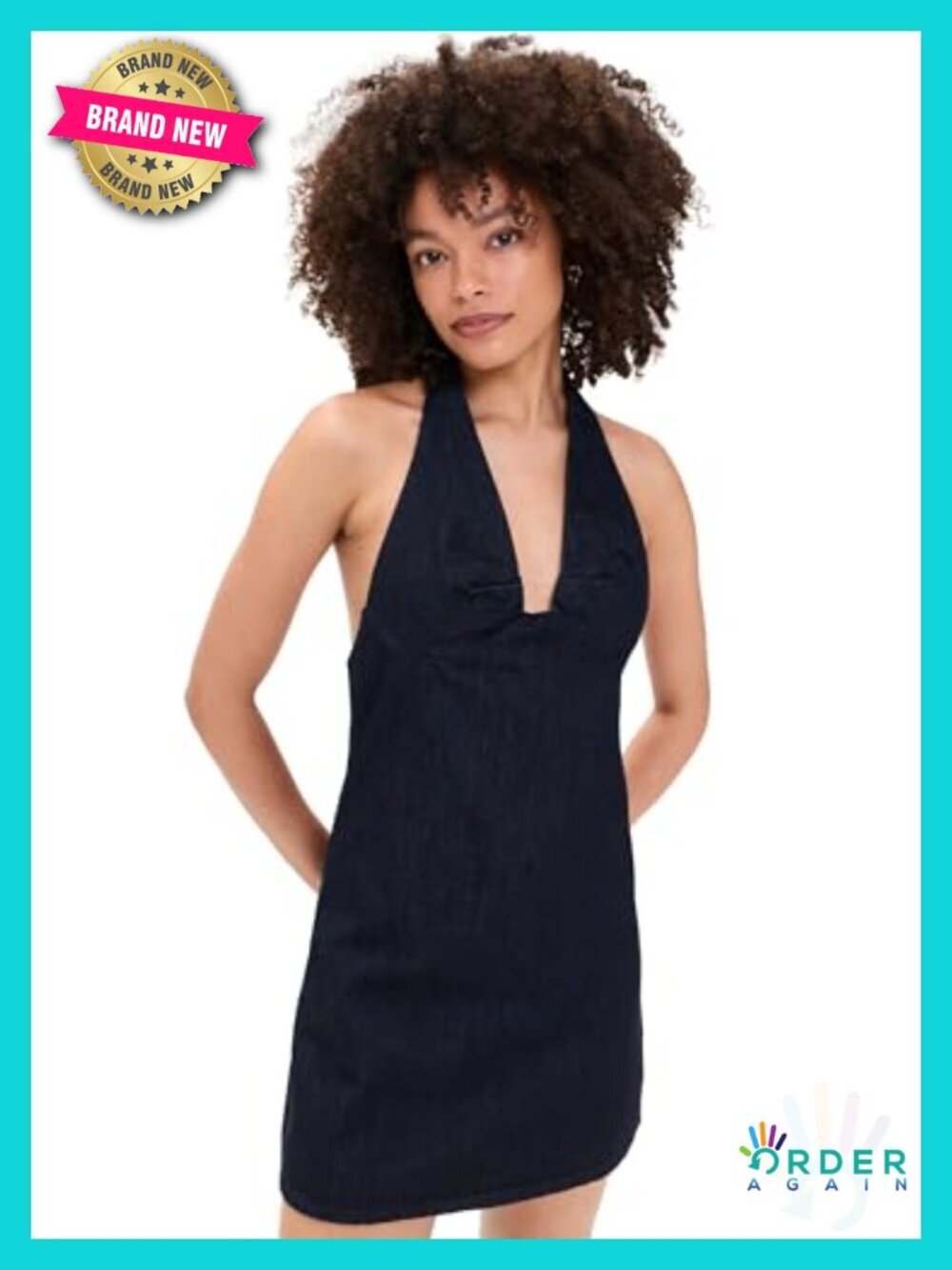 Halter Neck Mini Denim Dress with Tie Back